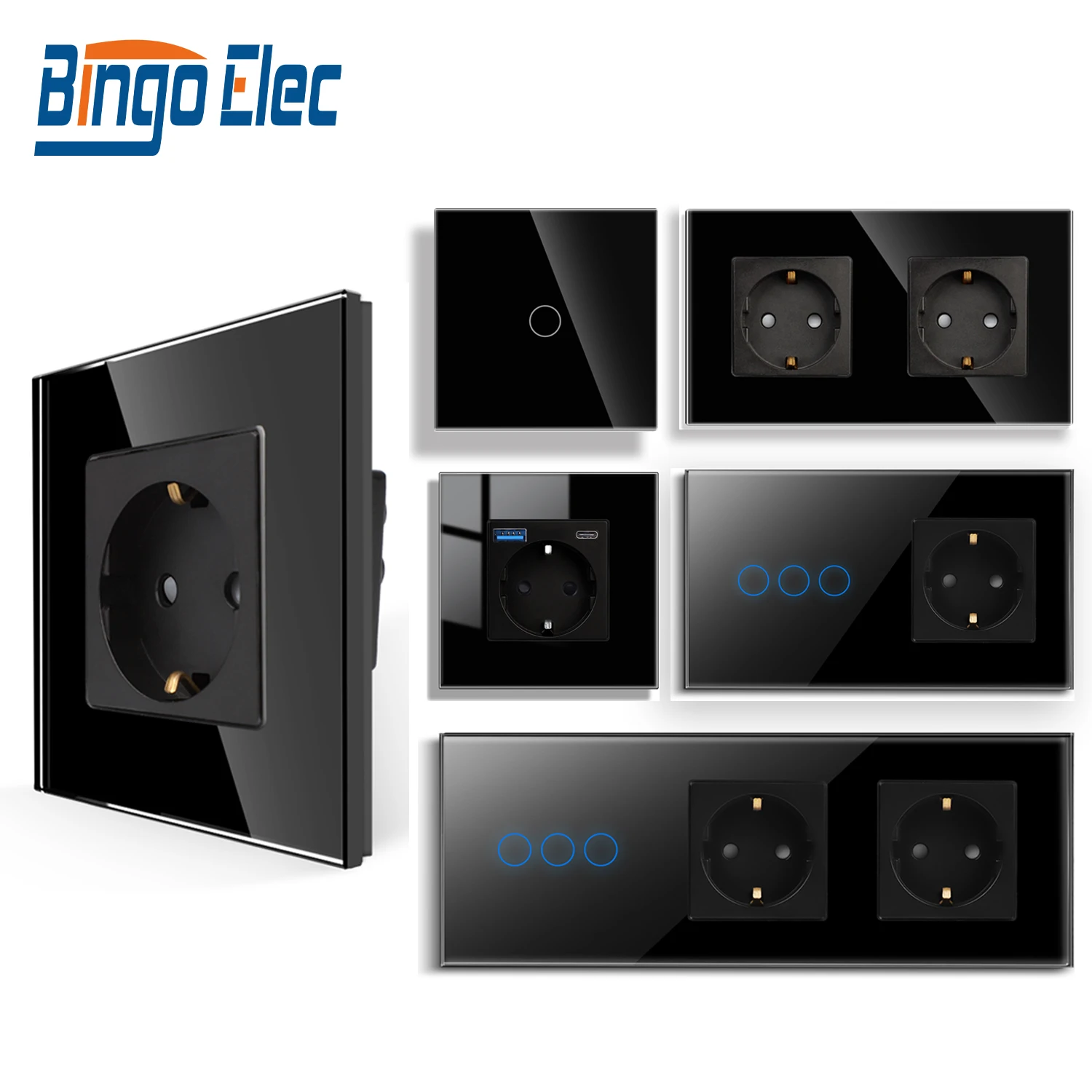 

BINGOELEC 1/2/3 Gang Eergy Touch Switch EU Standard Type-c USB Sockets Required Tempered Glass Panel Light Switch Black 10A