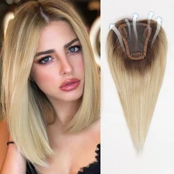100% Human Hair Toppers Blonde Dark Root Remy Human Hair Topper Clips in Hairpieces for Women Toppers Silk Base 12inches Daily