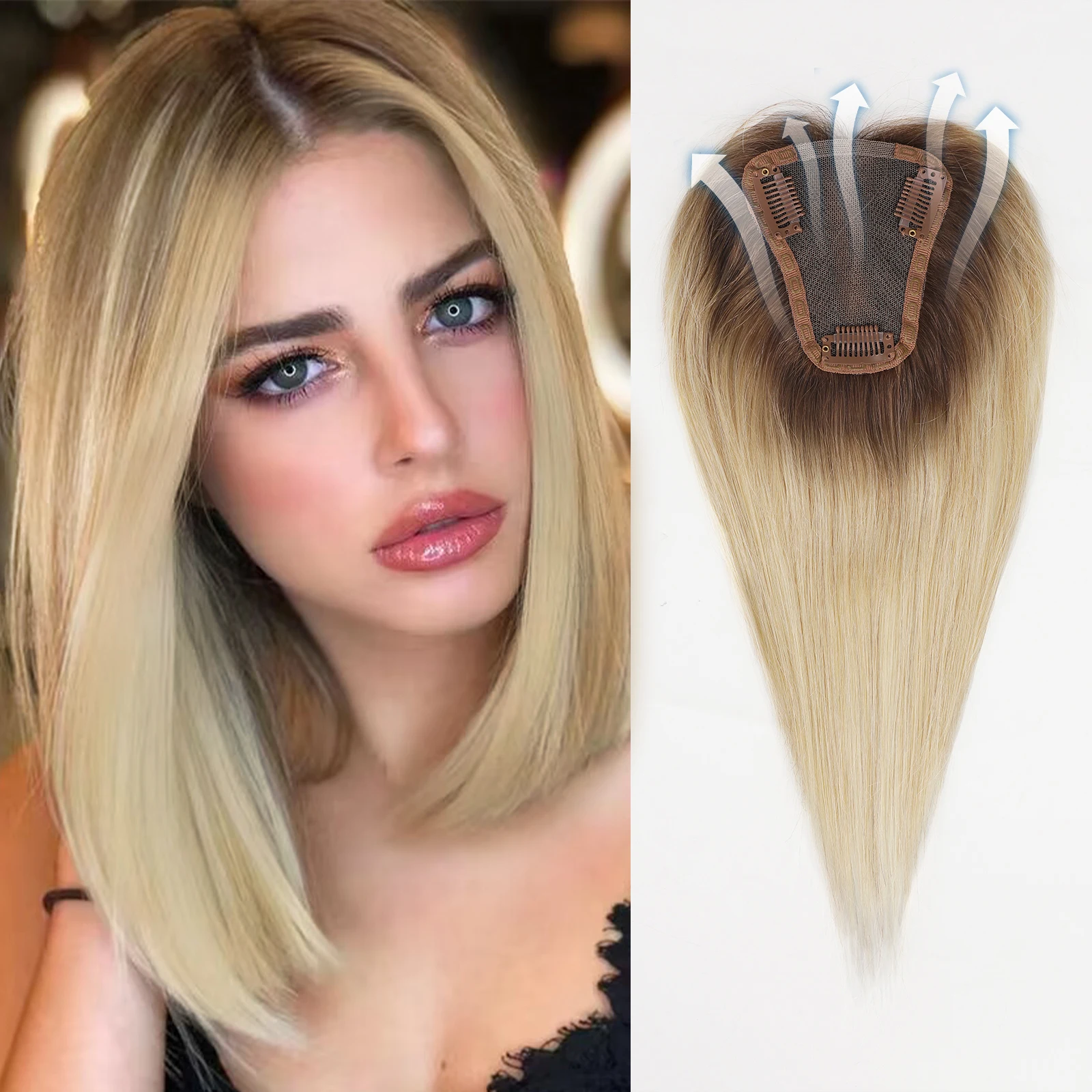 100% Human Hair Toppers Blonde Dark Root Remy Human Hair Topper Clips in Hairpieces for Women Toppers Silk Base 12inches Daily