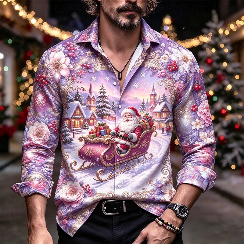 New men's shirt Santa Claus reindeer pine forest snow scenery moon snowflake print slim Christmas shirt