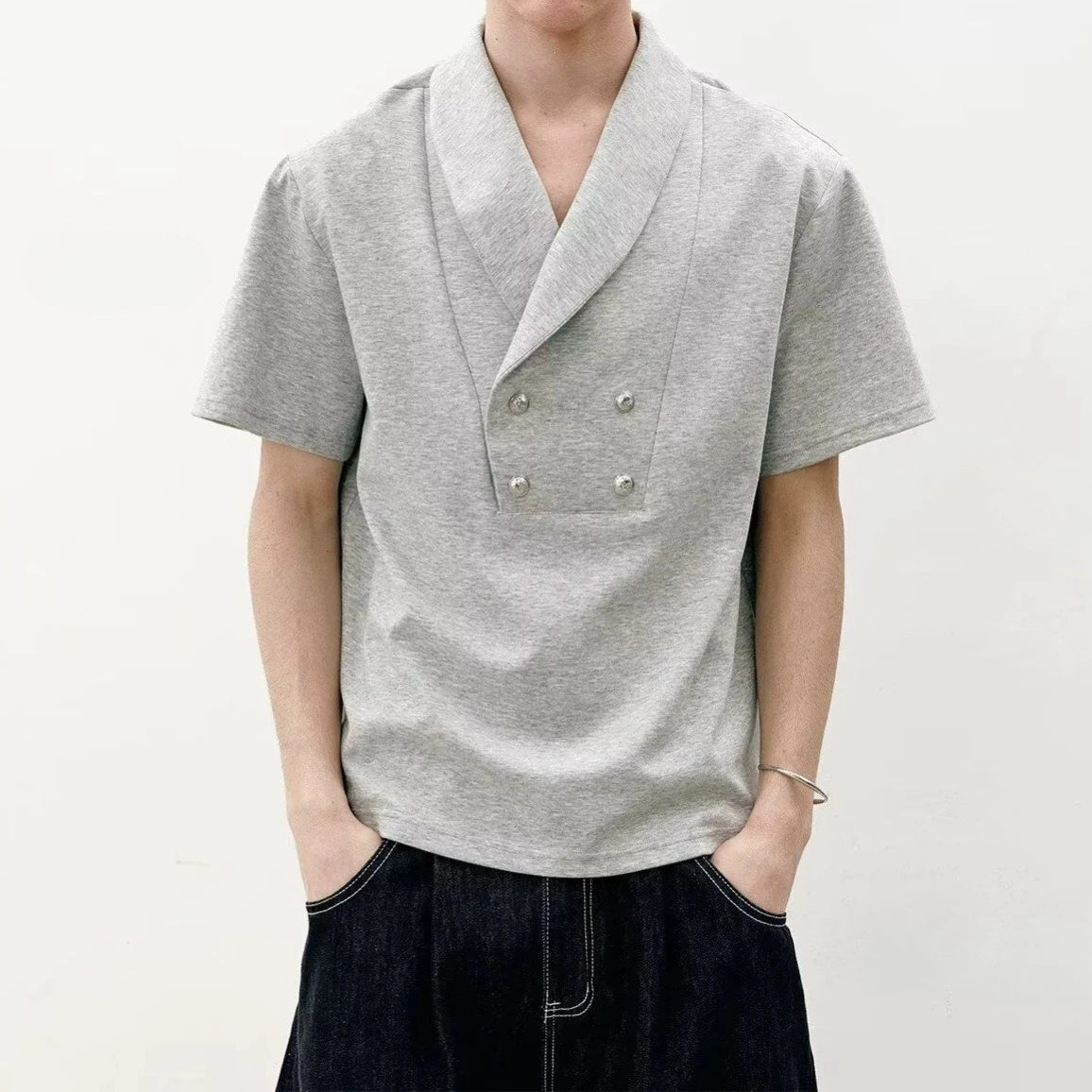 2026 Summer New Suit Collar Button Splicing Casual Short-sleeved T-shirt Men's Trend Versatile