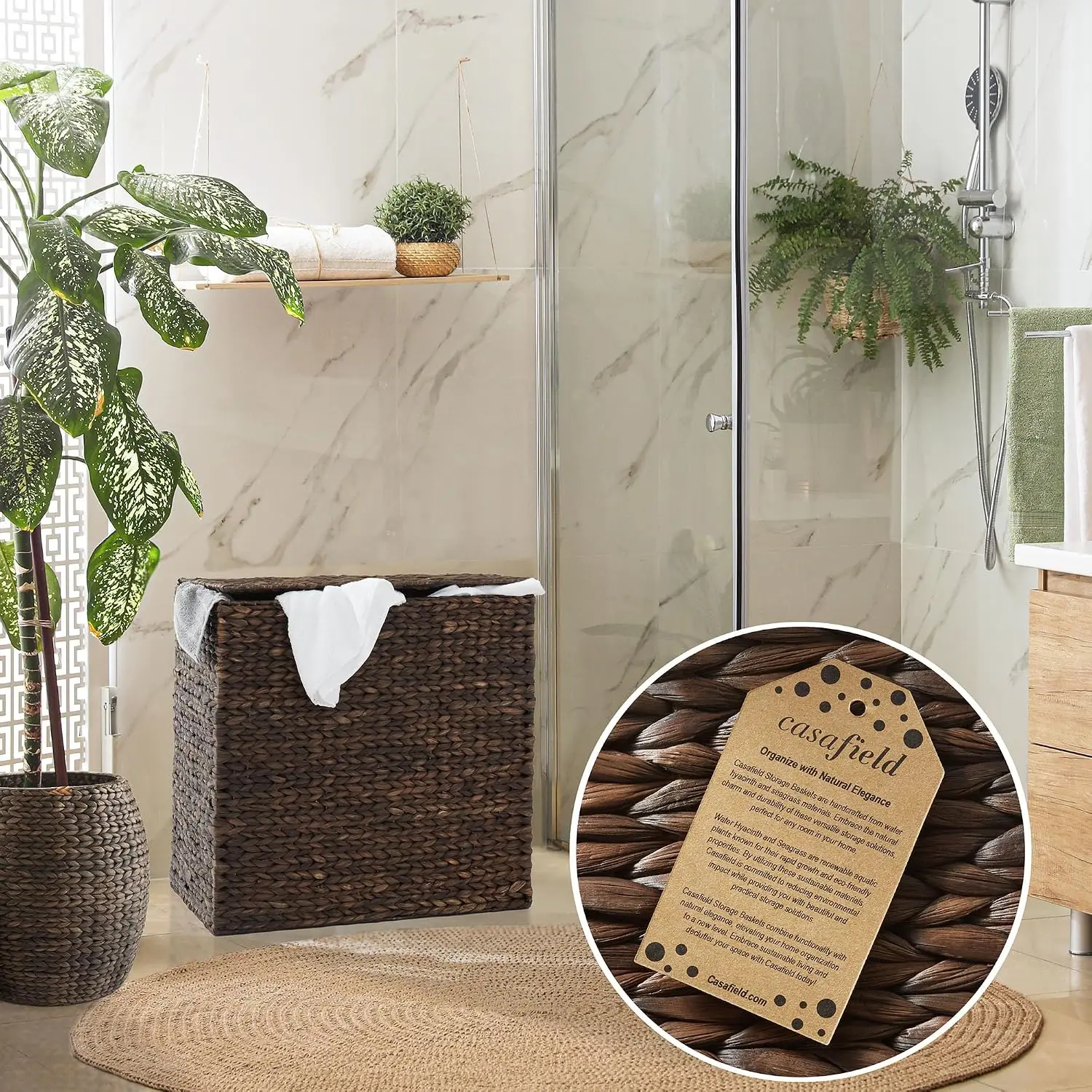 2-Section Laundry Hamper with Removable Liner Bags - Espresso Dark Brown, Woven Water Hyacinth Double Laundry Basket Sorter