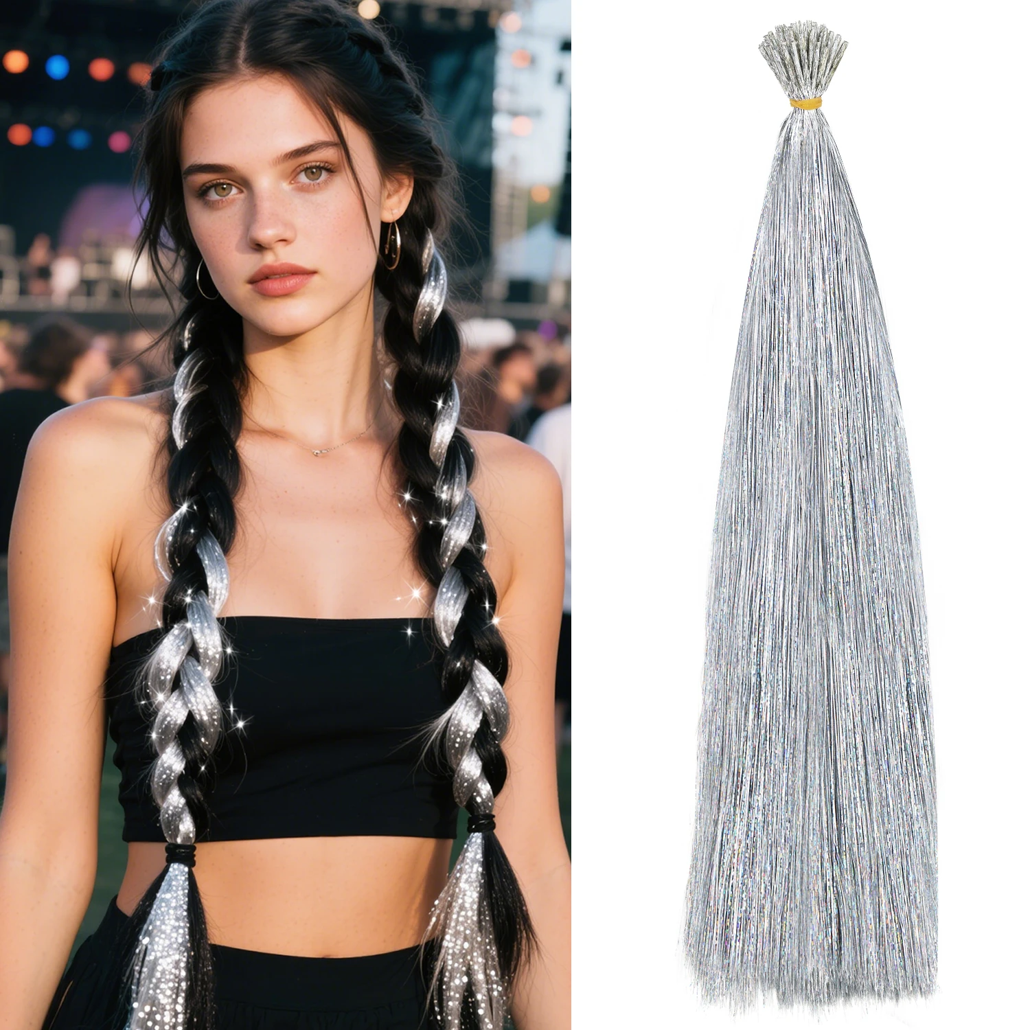 Synthetic I Tip Hair Extensions Tinsel Hair 20inch Colorful Tinsel Hairpieces for Women Girls Daily Party Holiday