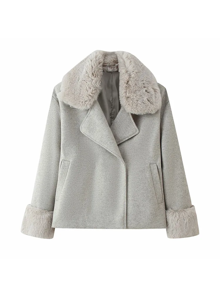 HH mujer moda invierno manga larga adorno de piel sintética traje de una sola botonadura solapa Chaqueta corta mujer ocio estilo callejero abrigo