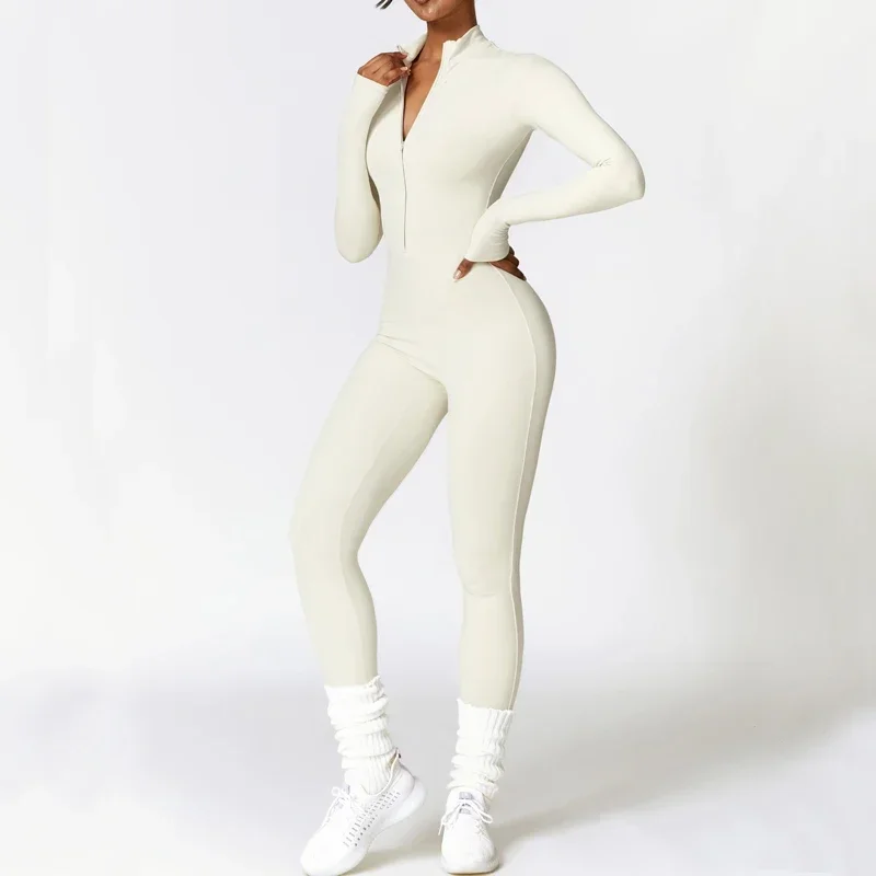 

Winter Warm Thermal One Piece Bodycon Bottom Pant Women Fleece Lined Workout Jumpsuits Long Sleeve Zip Up Yoga Romper