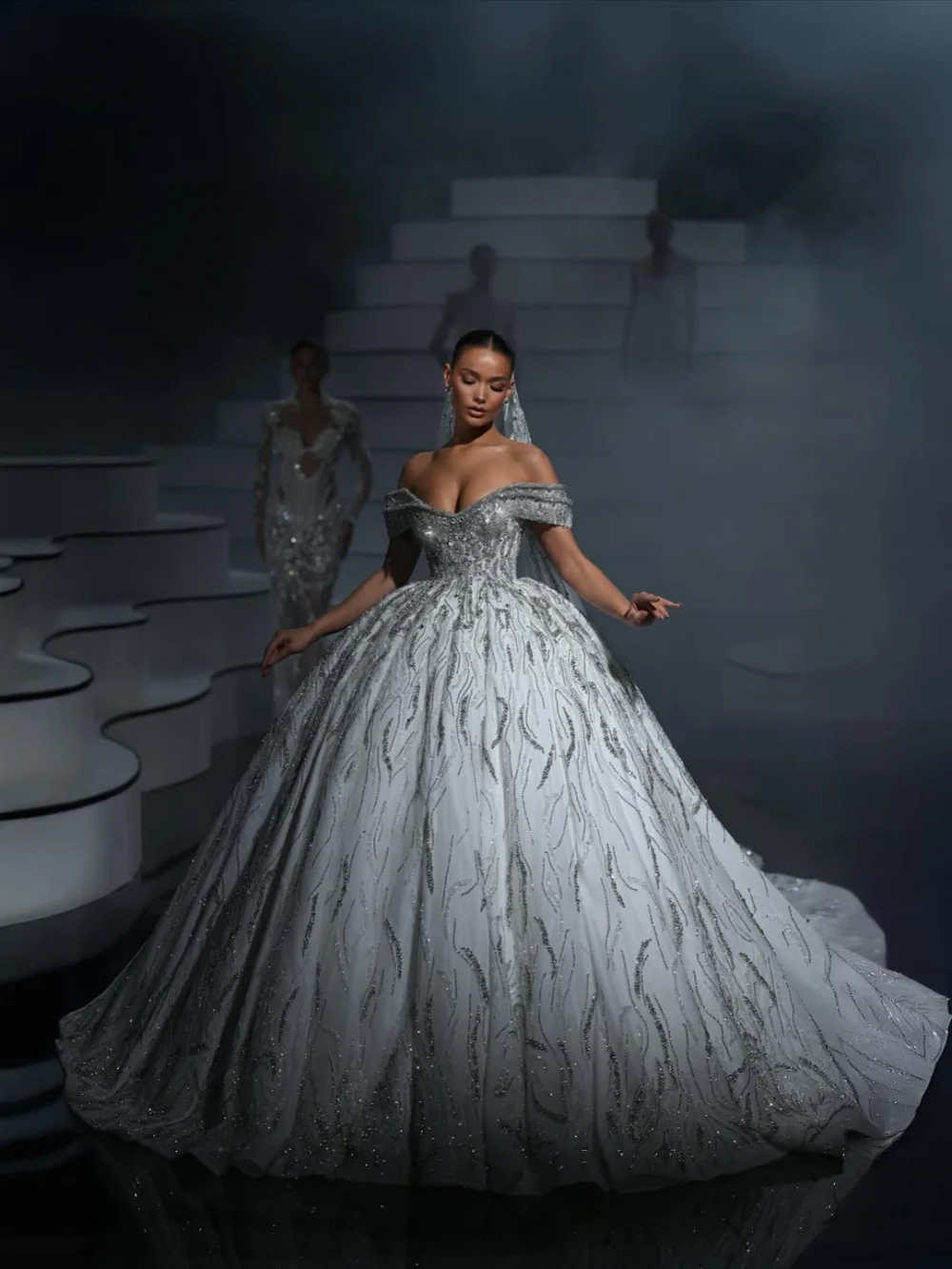 Silver Crystal Embroidery Wedding Dress Dreamy Off Shoulder Long Bridal Gown Customized Gorgeous Stunning Dresses For Bride