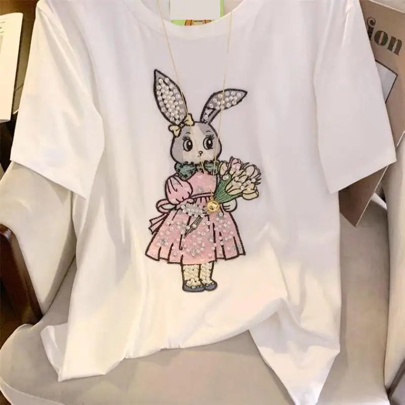 High Grade Rabbit Embroider Heavy-industry Hot-drilling Loose Short Sleeve Women T Shirt Summer Sweet Slim Lazy Style Tees Tops