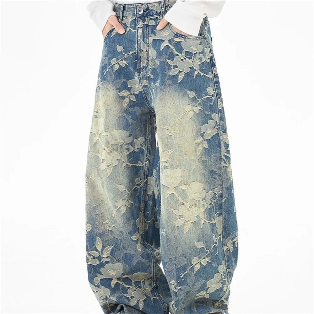 MWJLPWQ Dark Pattern Jacquard Denim Curved Jeans Vintage American Streetwear Design Niche Silhouette Loose Wide-Leg Pants 20325