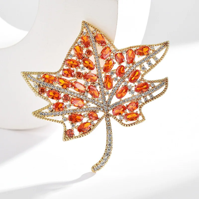 Chinese Style Vintage Paved Zircon Maple Leaf Brooch Lucky Blessing Lapel Pin For Women And Men Blazer Dress Sweater Coat Gift