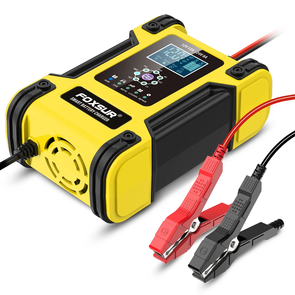 Foxsur volautomatische auto-acculader 12V 12A digitale display acculader Power Pulse reparatieladers nat droog loodzuur