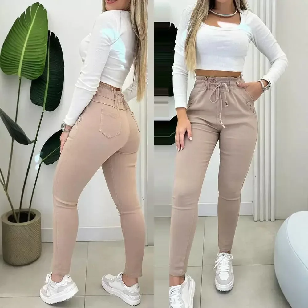 Calça casual feminina com cordão, bolso de cintura alta, calça diária skinny, decoração de botões, moda forrada, primavera e outono, Y2K, 2024