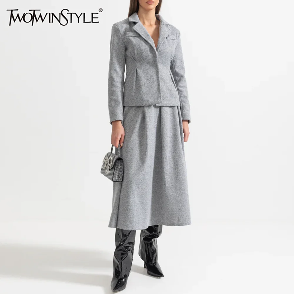 

TWOTWINSTYLE однотонные темпераментные комплекты из двух предметов для женщин, туника с лацканами и длинными рукавами, блейзер, юбка с высокой талией, комплект женской одежды, новинка