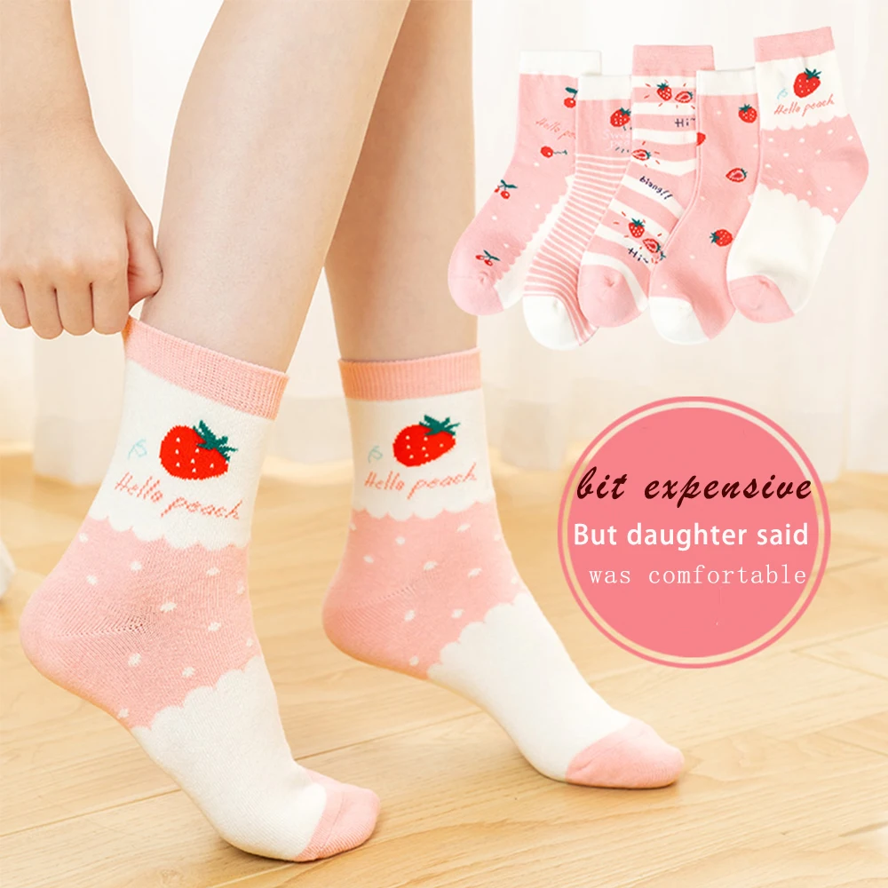 5Pairs 1-14Years Girl's Cotton Mid-tube Socks Pink Series Sweet Cherry Autumnclothes Don't Pilling Eye-Pleasing Athletic Socks