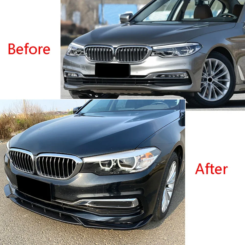 Car 3 Stage Front Lip Spoiler Splitter  For BMW 5 Series G30 525i 530i 2017- 2020 Glossy Black Carbon Fiber Printe