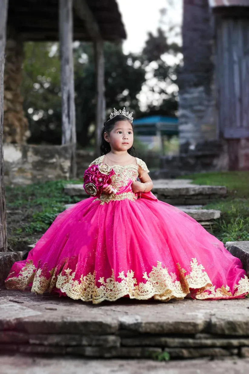 Vestidos de menina de flor de concurso de apliques de renda dourada para casamento mangas completas apliques de renda princesa vestido de primeira comunhão para crianças