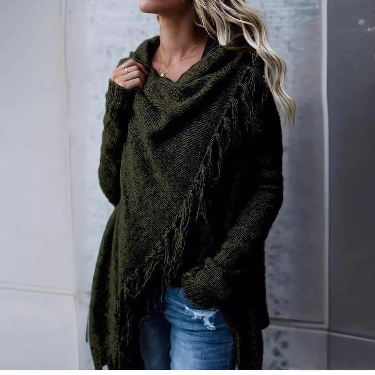 Faion Fringe Knitted Sweater Coat Women's Autumn Winter Clothes Cross-Border Cotton Blend Fabric Knitwear Casual Sle