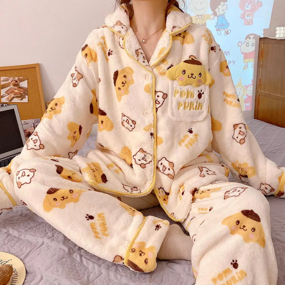 

Kawaii Pompompurin Coral Velvet Women Pajamas Suit Anime Pochacco Thickened Homewear Autumn Winter Cute Grils Student Nightwear