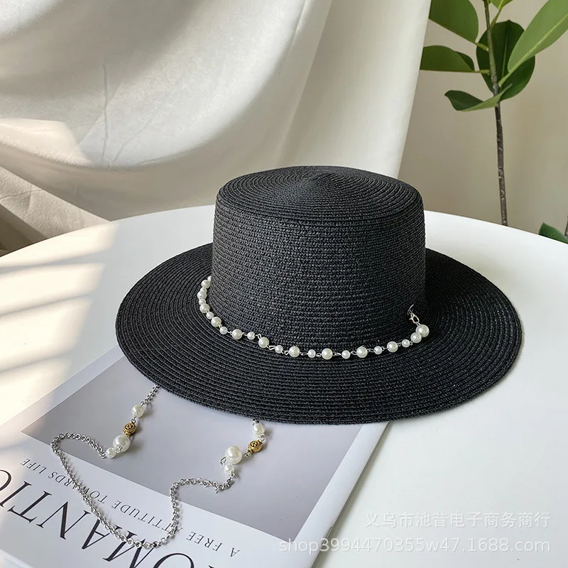 الفرنسية خمر اللؤلؤ سلسلة القش قارب قبعة المرأة الصيف واسعة حافة الأشعة فوق البنفسجية حماية أنيقة الشمس قناع قابل للتعديل