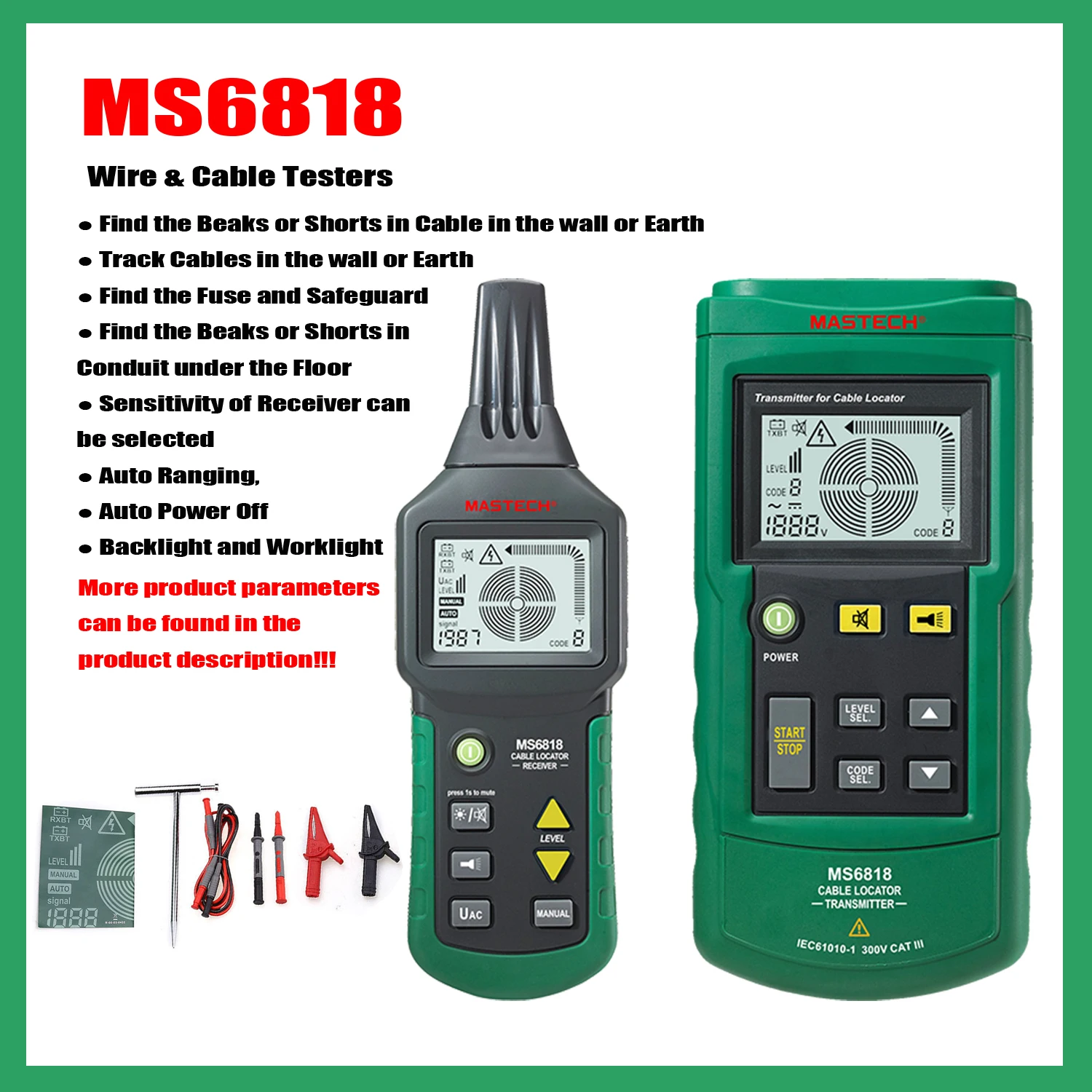 Testadores Profissionais Portáteis de Fios e Cabos Wire Cabo Tracker Metal Pipe Locator Detector Linha Tracker Tester Mastech-ms6818