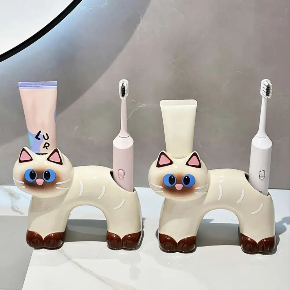 Ceramic Cat Toothbrush Holder Creative Cartoon Toothpaste Toothbrush Rack 2 Slot Anti-Slip Base Toothbrush Storage Rack