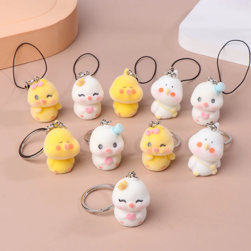 Cute Flocking Duck Keychain Cartoon Animal Phone Chain Earphone Case Pendant Lanyard Backpack Bag Decor Car Key Ring