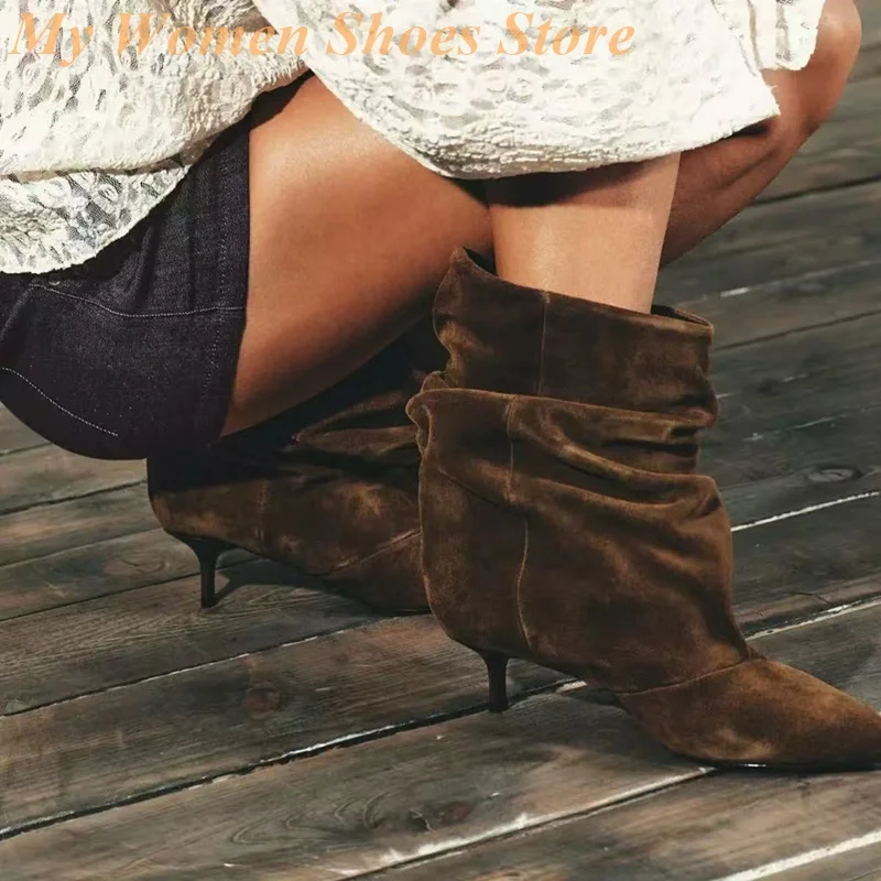 مترهل الجلد المدبوغ البني الكاحل الجوارب مثير مدبب تو خنجر رقيقة عالية الكعب الانزلاق على المدرج 2026 الشتاء الخريف النساء فستان أحذية