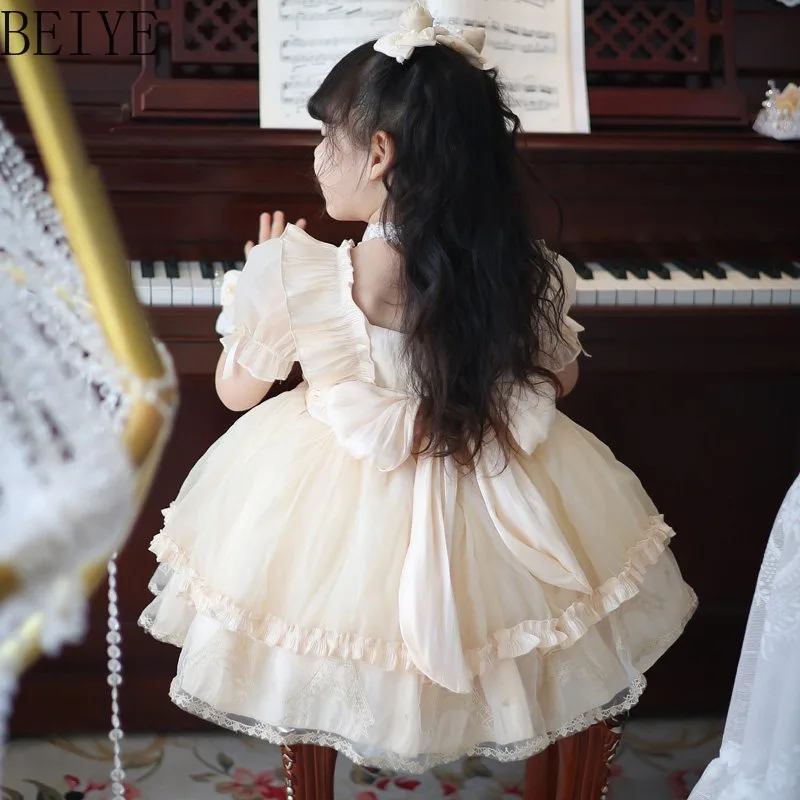 Girls Puff Sleeve Lolita Princess Dress Pearl Heart Neck Ruffle Tulle Puffy Dress Kids Lace Embroidery Layer Baptism Party Gown