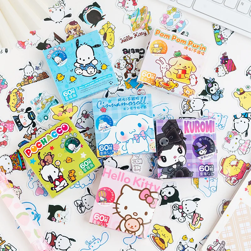 60pcs Sanrio Cute Self-adhesive Kuromi Cinnamoroll Gift Box Decoration Sticker