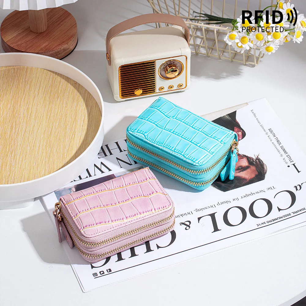 Genuine Leather Rfid Card Holder Double-Layer Zipper Multi-Card Slot Card Bag Storage Coin Purse Clutch Wallet For Men Women.