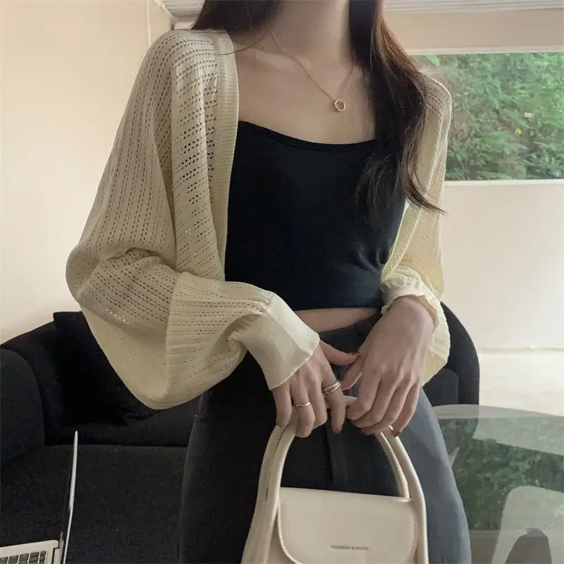 Summer Hollow out Long Sleeve Knitted Sweater Women's Loose Air Conditioning Shirt Apricot Short Open Cardigan Top UV Protection