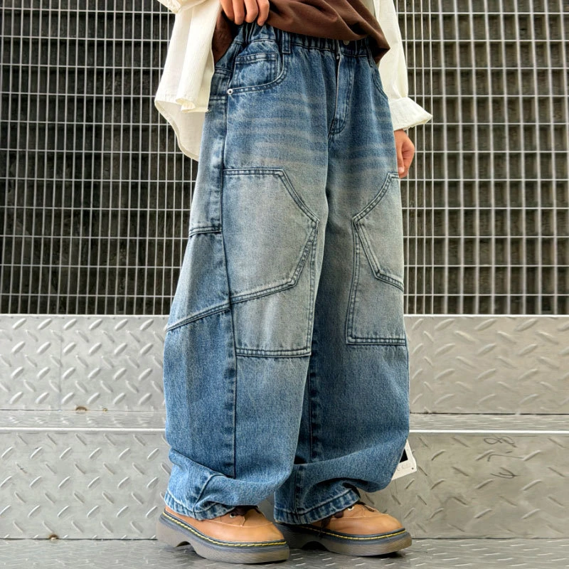 School Boys Autumn Casual Cargo Jeans With Pocket Loose Style Teenage Child Denim Pants High Fashion Kids Trousers 5-14 Y
