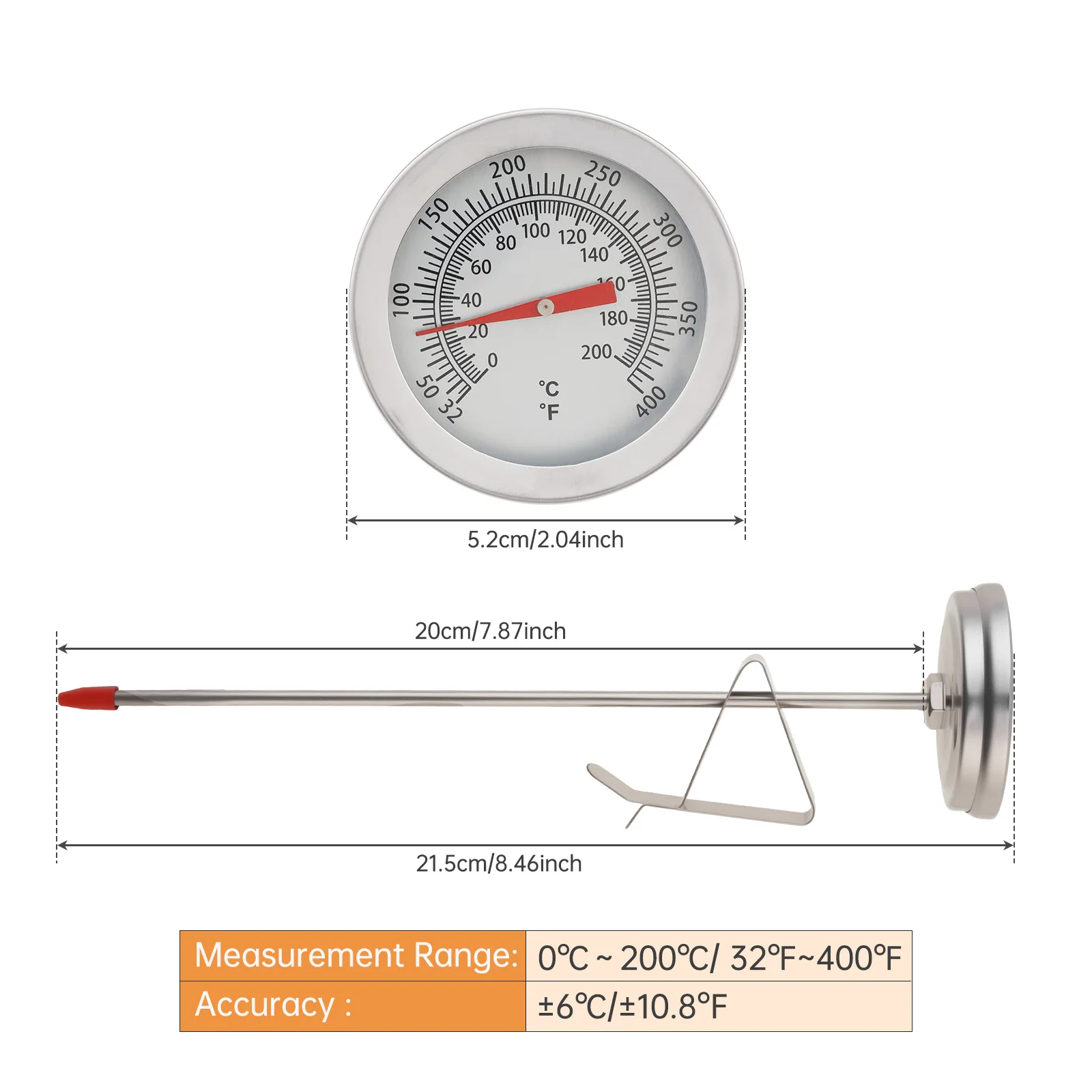 Length 20 cm Instant Read 30-220 Degree Fahrenheit Range Dial Thermometer for Cooking / BBQ / Food Temperature Testing