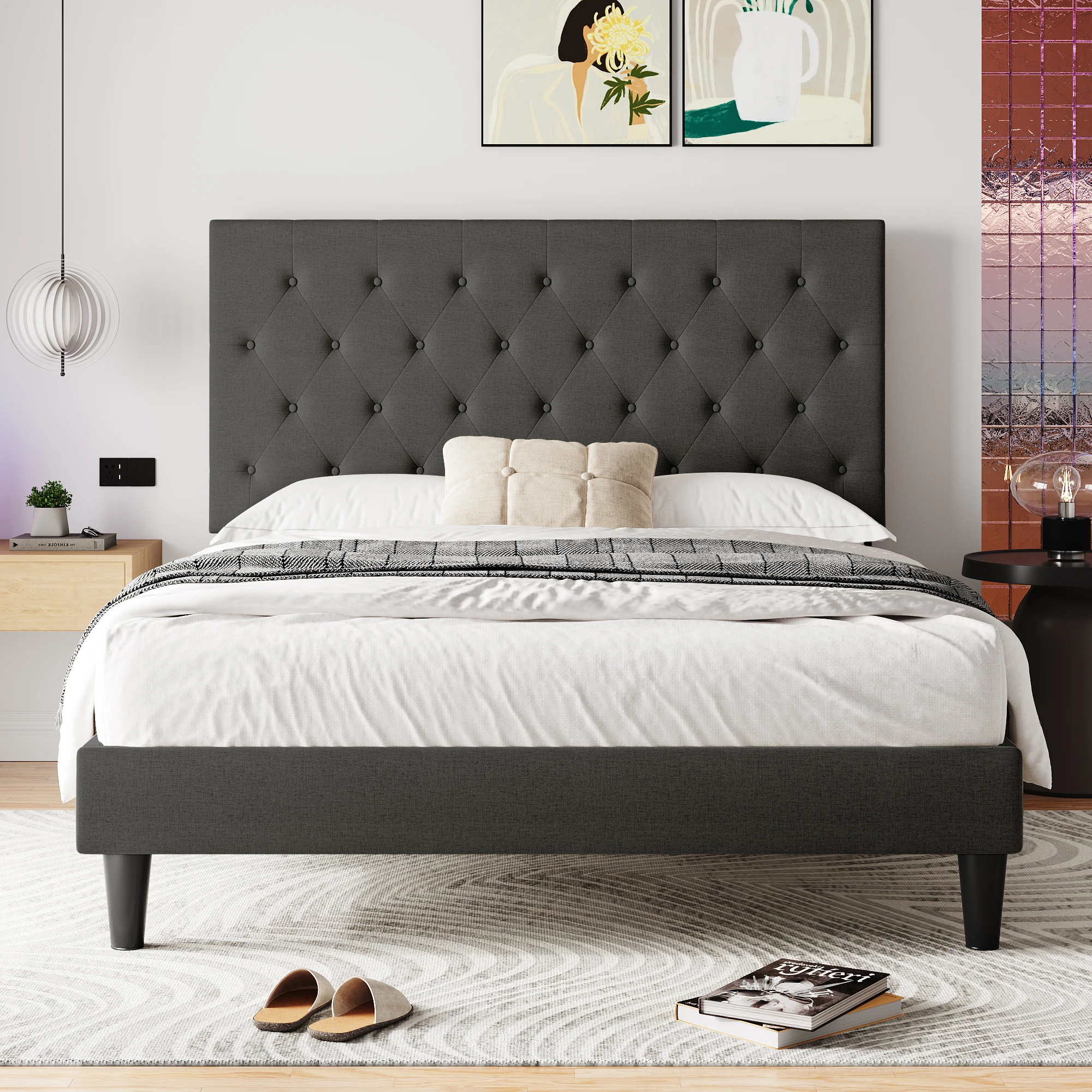 HOOMIC Bed Frame with Adjustable Diamond Tufted Headboard/Fabric Upholstered Platform Bed Frame Alleiwe