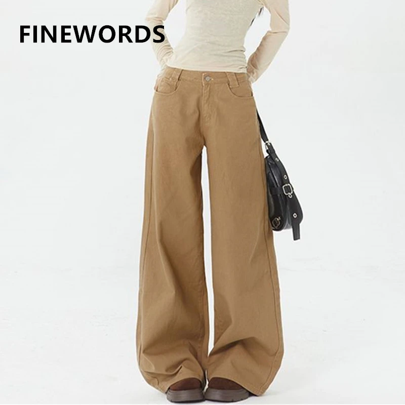 

FINEWORDS Retro Washed High Waist Khaki Jeans Women Wide Leg Korean Jeans Streetwear Easymatch Harajuku Baggy Jeans