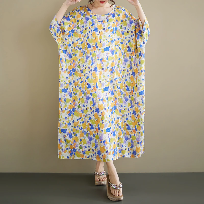 

Summer New plus Size Women's n Sle round Ne Svel Loose Dr Mid-aged Mom's Faion Polyester Fiber Straight...