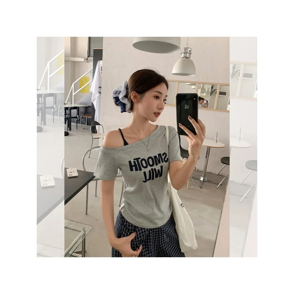 Summer New Korean Gray Print Sexy Diagonal Neck Splicing Suspender Off Shoulder Short-sleeved T-shirt Women's Casual Fashion Top