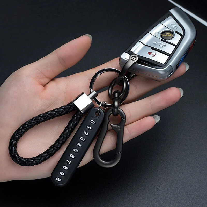 Trendy DIY Mobile Phone Number Plate Pendant Keychain for Men Punk Simple Woven Leather Rope Anti-lost Car Key Chain Accessories