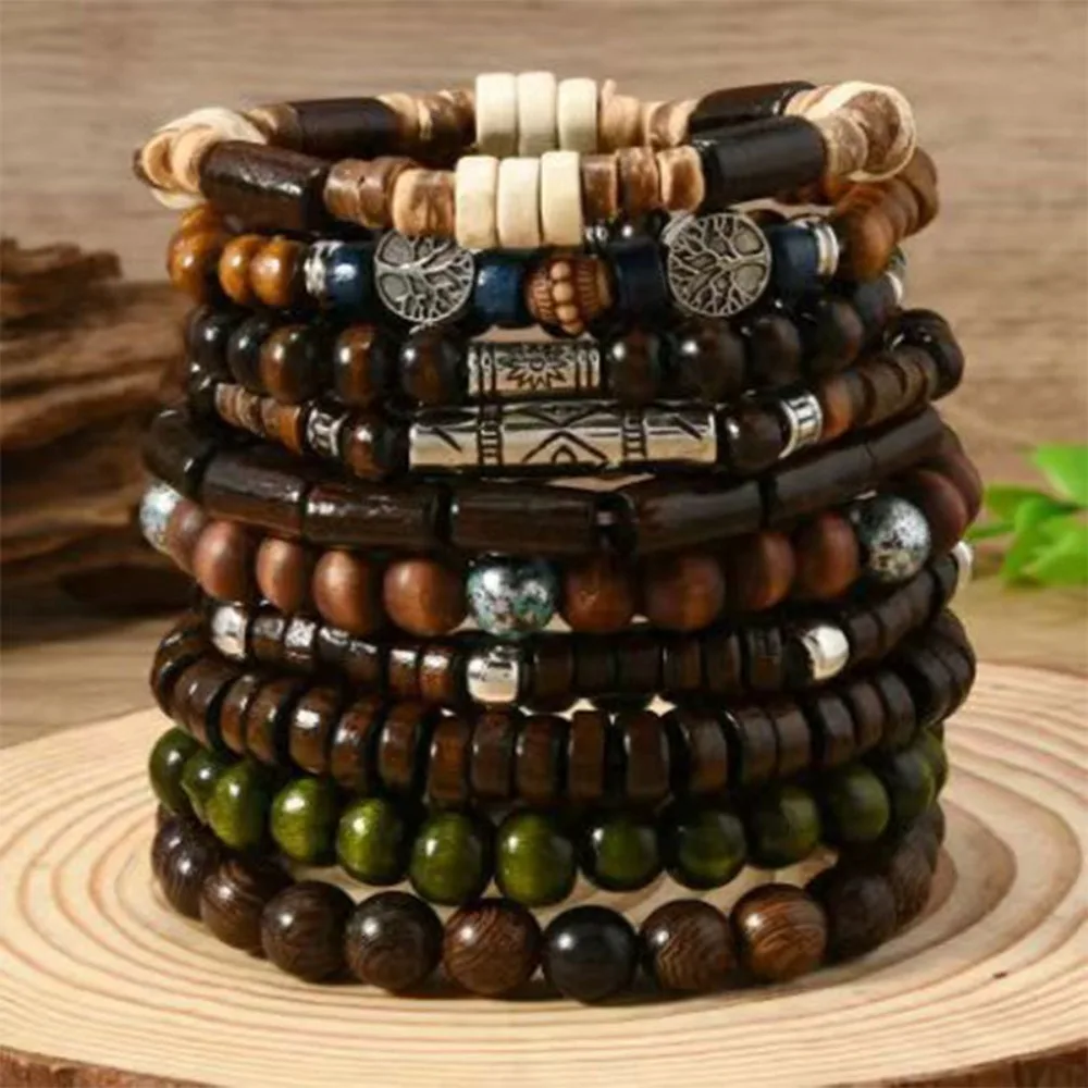 10 Piece Set of Bracelets Retro Style Life Tree Coconut Shell Multi-layer Elastic Rope Wooden Beads Hand Woven for Daily Wear