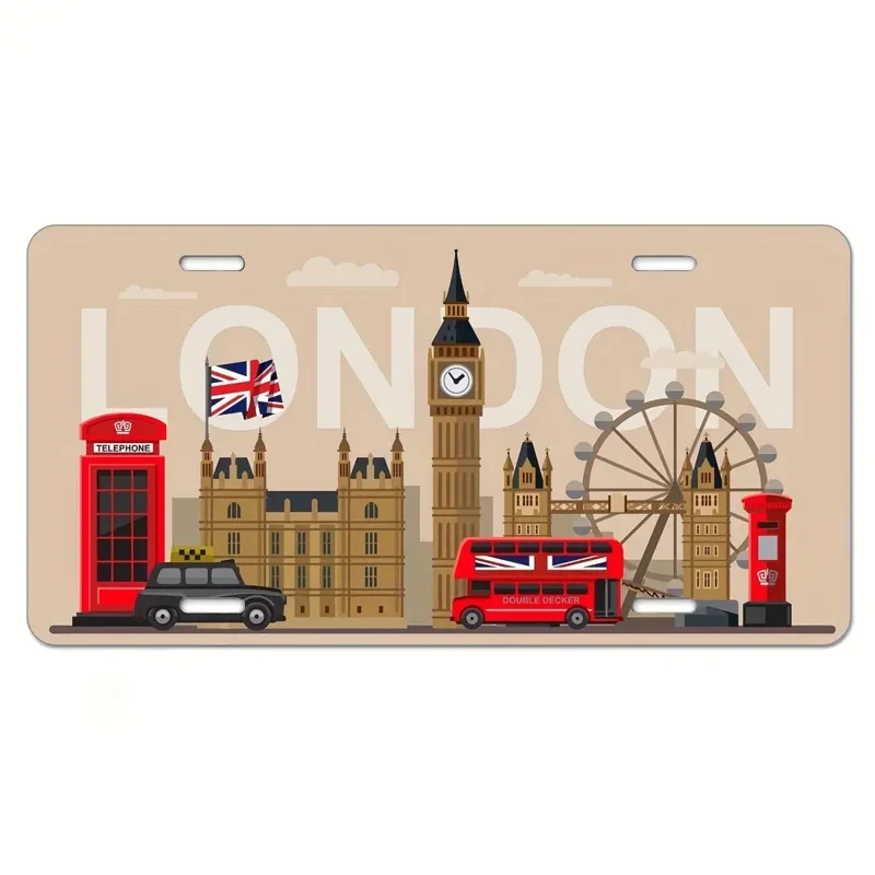 1PC 2D HD Tin Sign, Vintage London UK Cityscape Metal Wall Art, Retro Big Ben Double Decker Bus Decor for Bar Man Cave Home, Eur