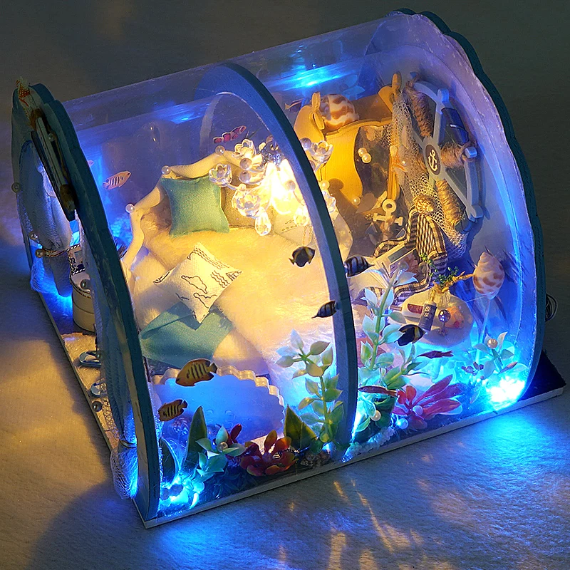 Casa Doll House Ocean Room Dollhouse DIY Miniature Furniture Kit with Light Fish Assembled 3D Model for Children Adult Gifts