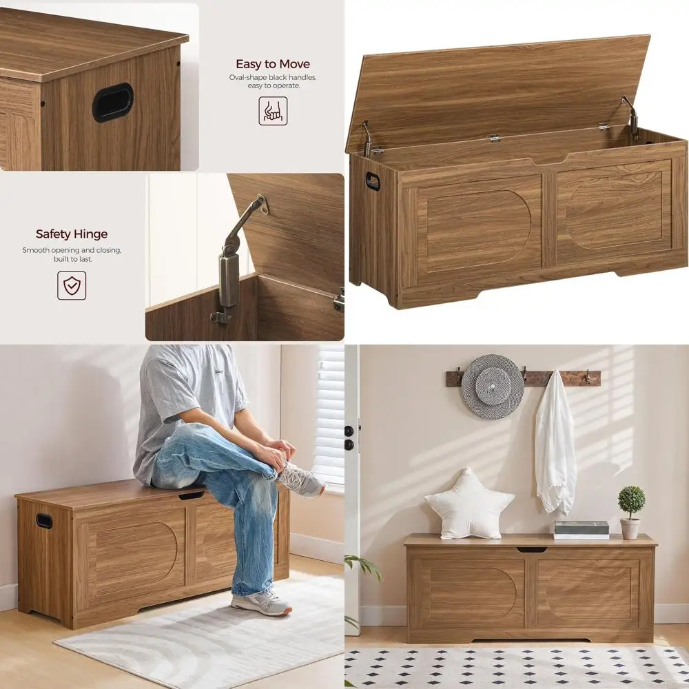 

Honey Brown Wooden Storage Chest, 47.2 Shoe Bench, Living Room Entryway Cabinet with 2 Hinges