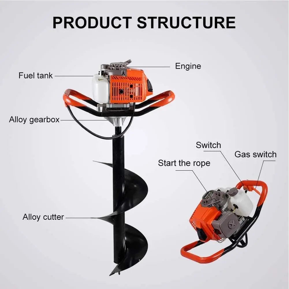 72cc Post Hole Digger 2-Stroke Petrol Gas Powered Earth Digger with 2 Extension Rods + 3 Auger Drill Bits (4" 8" & 12")