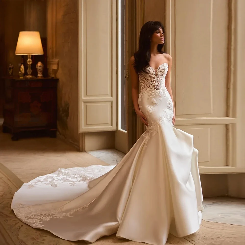 

Customized Exquisite Mermaid Sexy Wedding Dresses Strapless Backless Lace Appliques Satin Bridal Gowns Vestidos De Novia