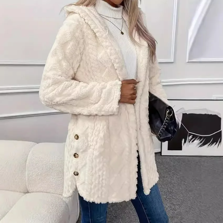

2025 Autumn and Winter European and American Hooded Solid Color Cardigan Button Long Sleeve Casual Jacket