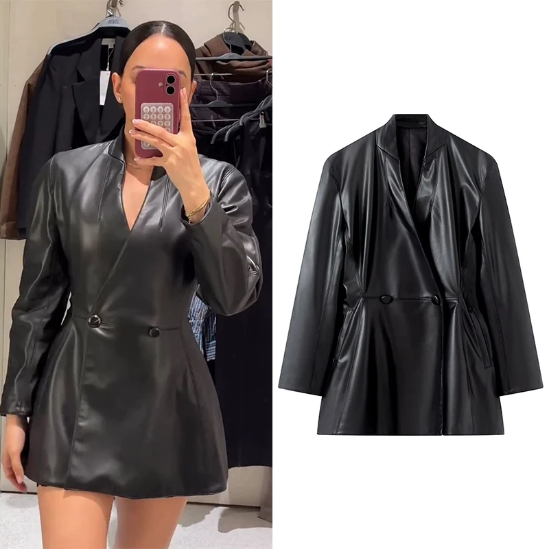 Women's Faux Leather Blazer Autumn Slim Fit Double Breasted – Luxury Style Casual Outerwear for Office & Daily Wear
