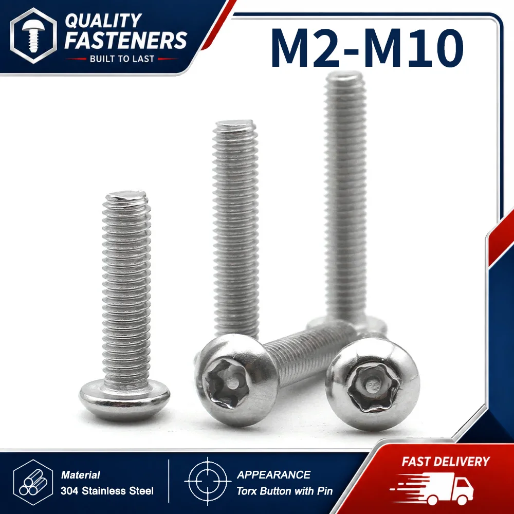 100-2PCS M2 M2.5 M3 M4 M5 M6 M8 M10 304 Stainless Steel Six Lobe Torx with Pin Button Round Head Screw Tamper-Resistant Security