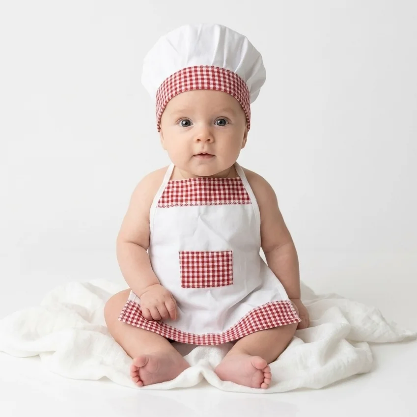 

Мягкий хлопковый костюм повара для новорожденных | Удобный комплект: фартук и шапочка для малыша | Идеально подходит для нежной кожи младенцев и создания незабываемых фотографий.