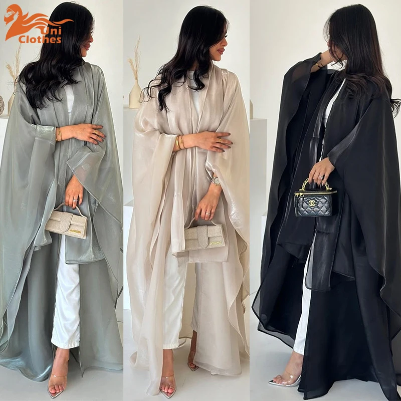 

UNI Ramadan 2025 Solid Color Organza Muslim Open Abaya Hijab 2-piece Set Wholesale Shiny Muslim Kimono Cardigan With Hijab