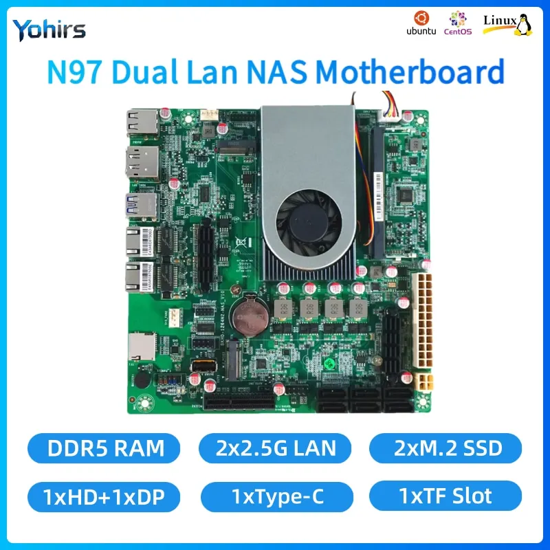 Placa-Mãe Yohirs NAS Mini ITX com Processador Intel N97 N150, 6xSATA3.0 RAID, LAN Dupla 2.5G i226-V, DDR5, M.2 NVME PCIe para Servidor Doméstico