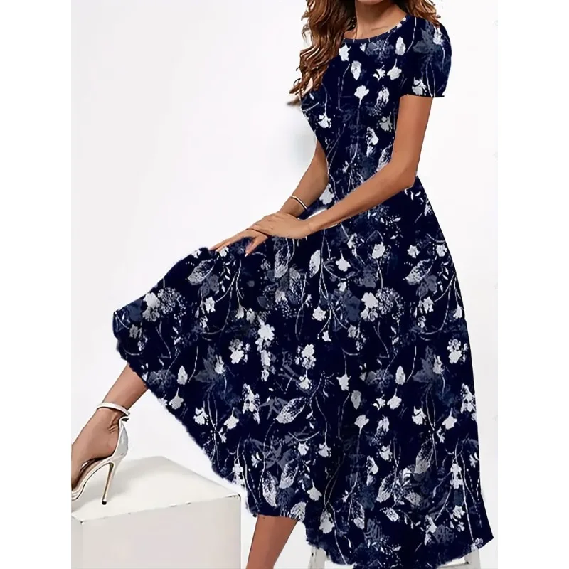 European and American New Summer Style Round Neck Pocket Short Sleeve Trendy Printed Long Dress Elegant and Graceful Dress